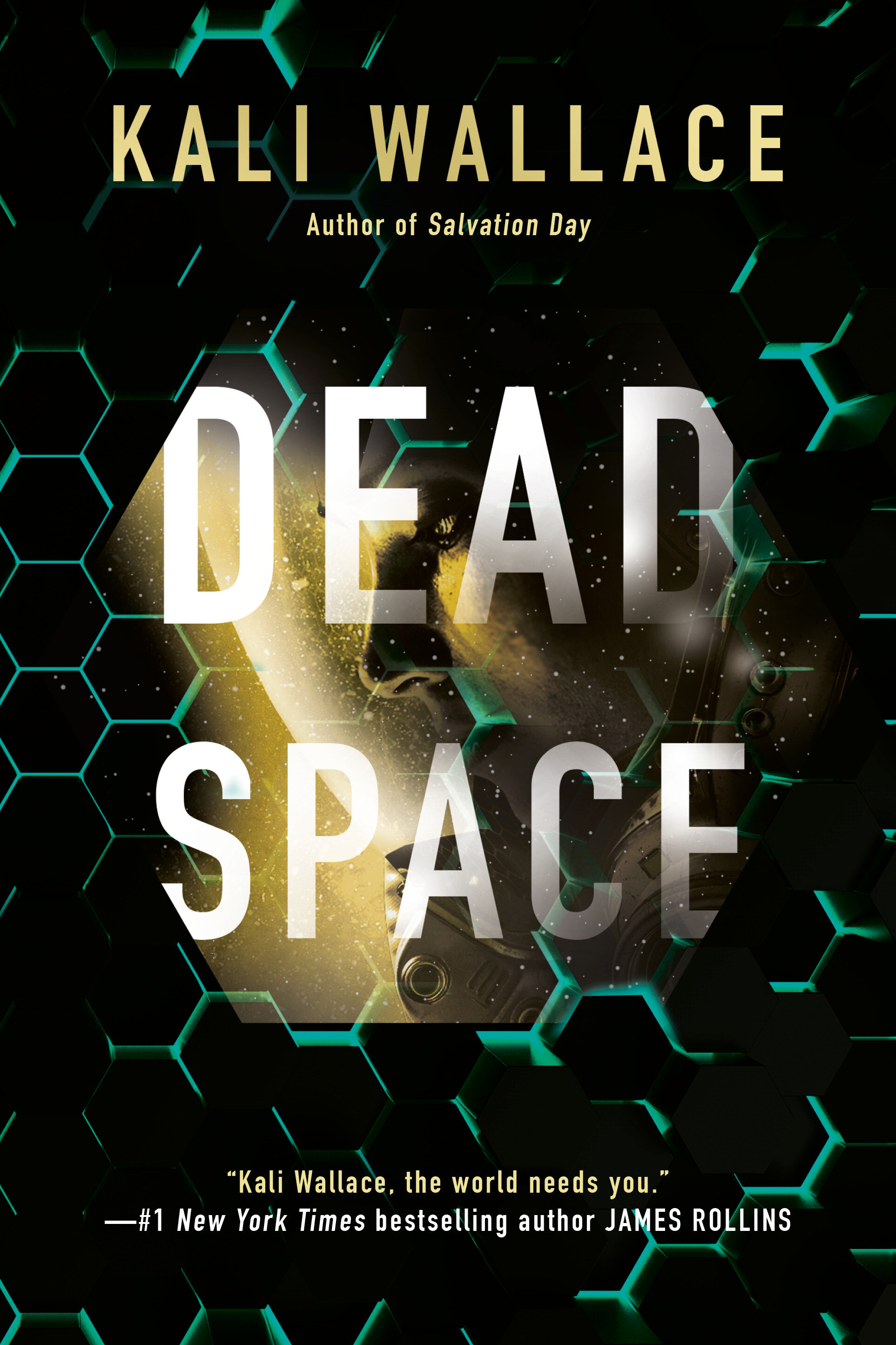 cover: a calm green geometric pattern over a black background, simulating the dark of space. in the middle: the face of a woman, clearly in a spacesuit. 