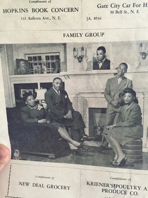 This is the 1947 church anniversary program for Ebenezer Baptist Church in Atlanta, GA. In this picture, we see Rev. Martin Luther King Sr. along with his wife, Albert Williams King, and two of his three children, Christine King and Martin Luther King Jr. This program is part of the Frankie Bates Hardy collection.