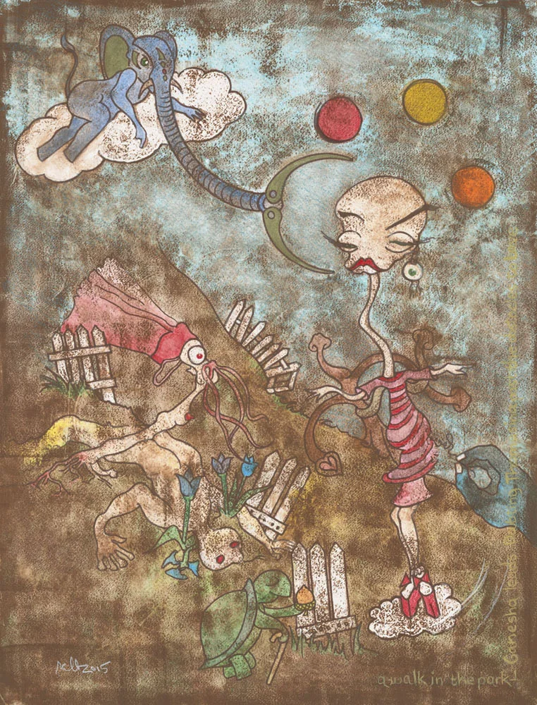 A Walk in the Park - Ganesha Leads Doubting Thomasina Past the Obstacles to Love (SOLD) Mixed Media on Acid-Free Cotton Paper Image Size: 18" x 23.75" - Framed Size: 24.5" x 30.5"