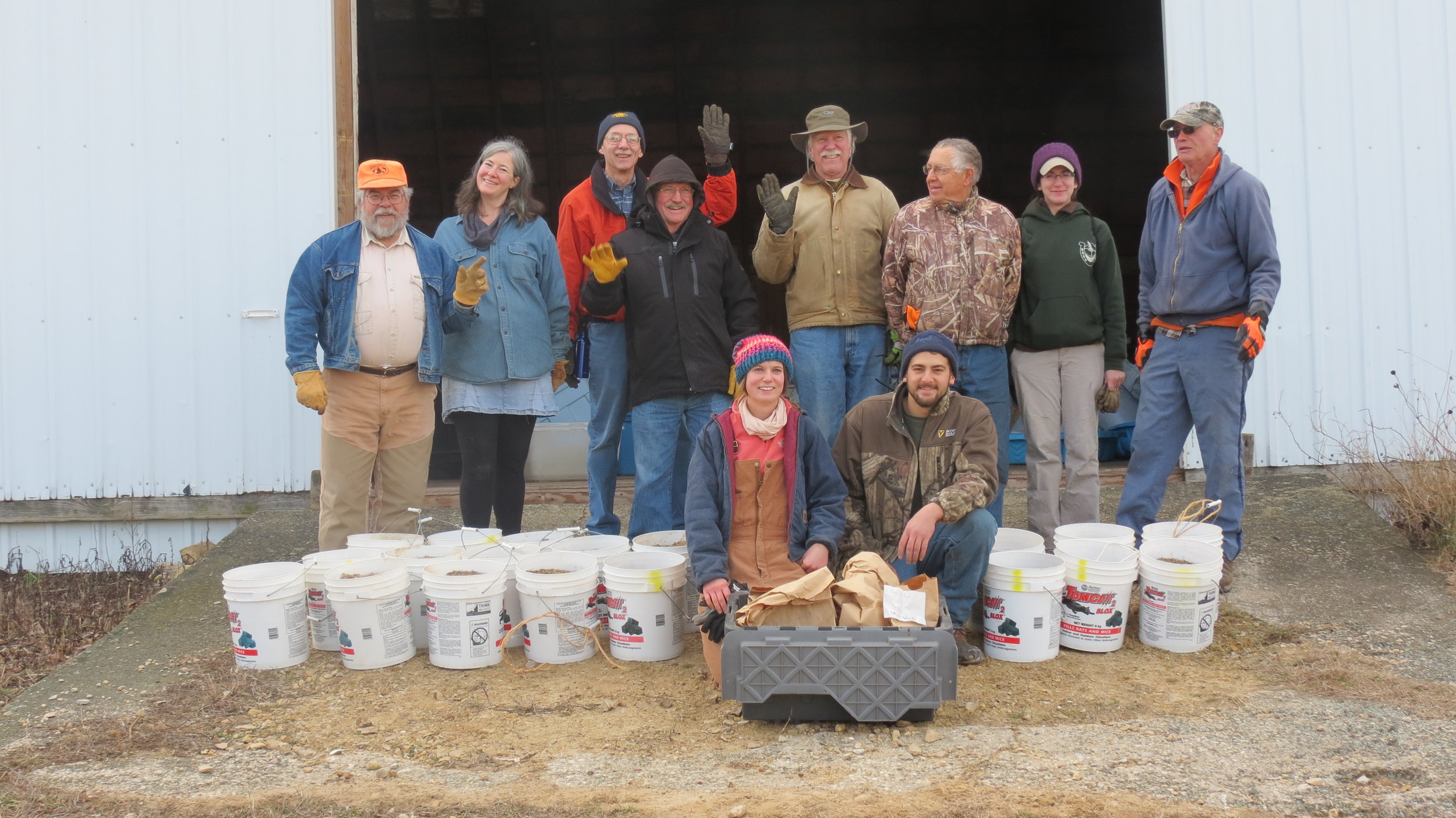 Madison Audubon volunteers help with prairie planting at Goose Pond Sanctuary. The buckets shown here are filled with native seed collected from Goose Pond earlier in the fall by volunteers, and are spread by volunteers as well! MAS Photo