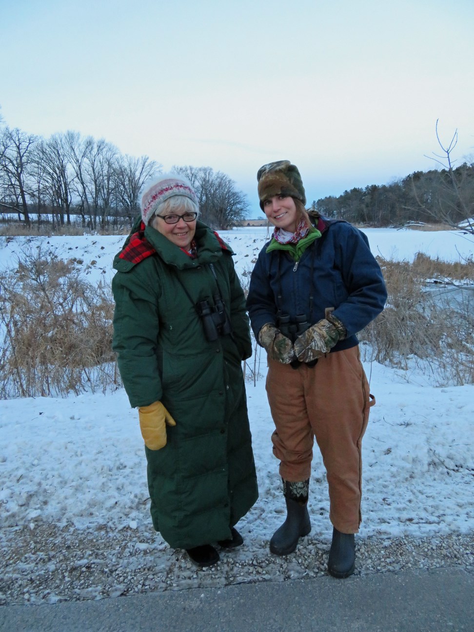 Pardeeville Christmas Bird Counters Jane Considine (left) and Maddie Dumas (right) bundle up during their 2016 count.