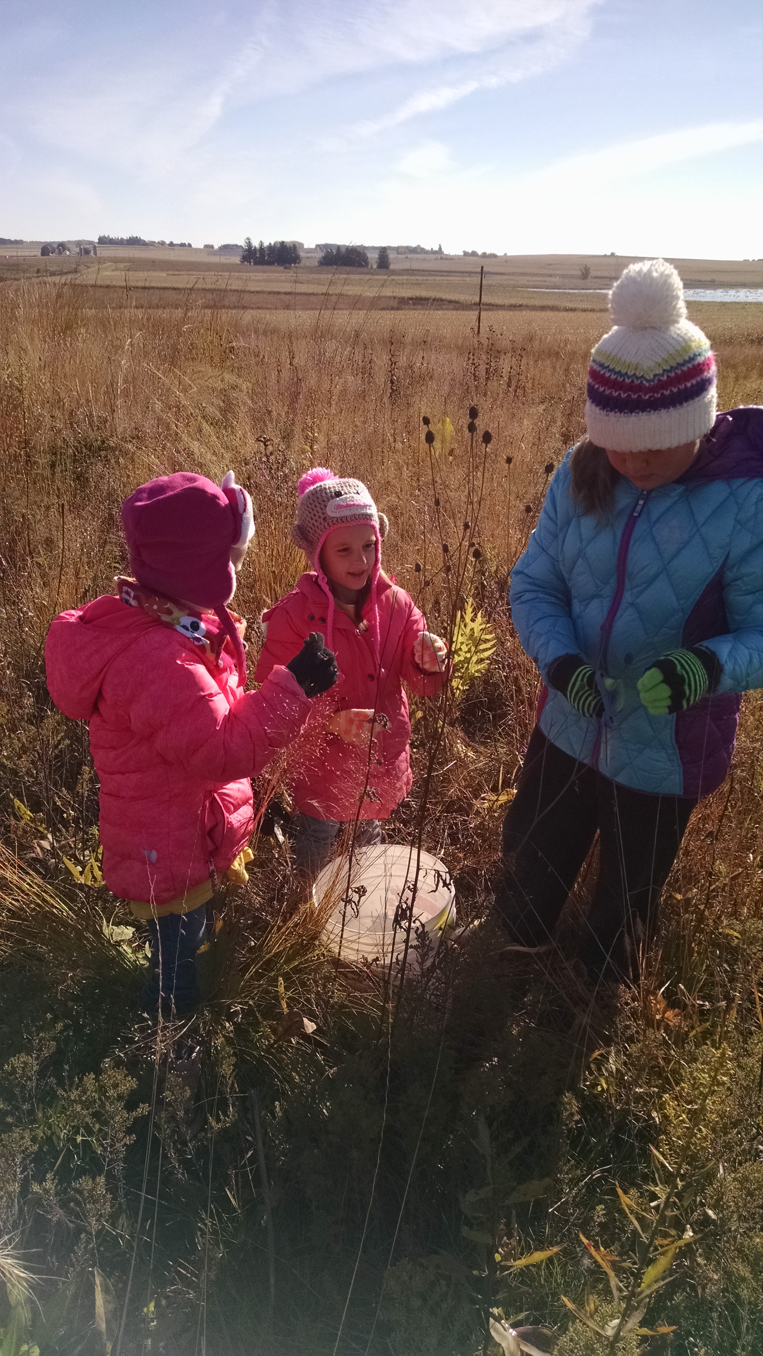 Children help collect seeds to help create prairie habitats close to home.