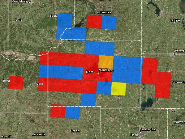 The claimed and available squares around Madison for surveying eastern bluebirds, as of April 23.