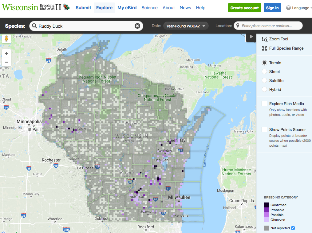 Breeding Bird Atlas II map; confirmed nesting is indicated in dark purple. Click here for interactive map.