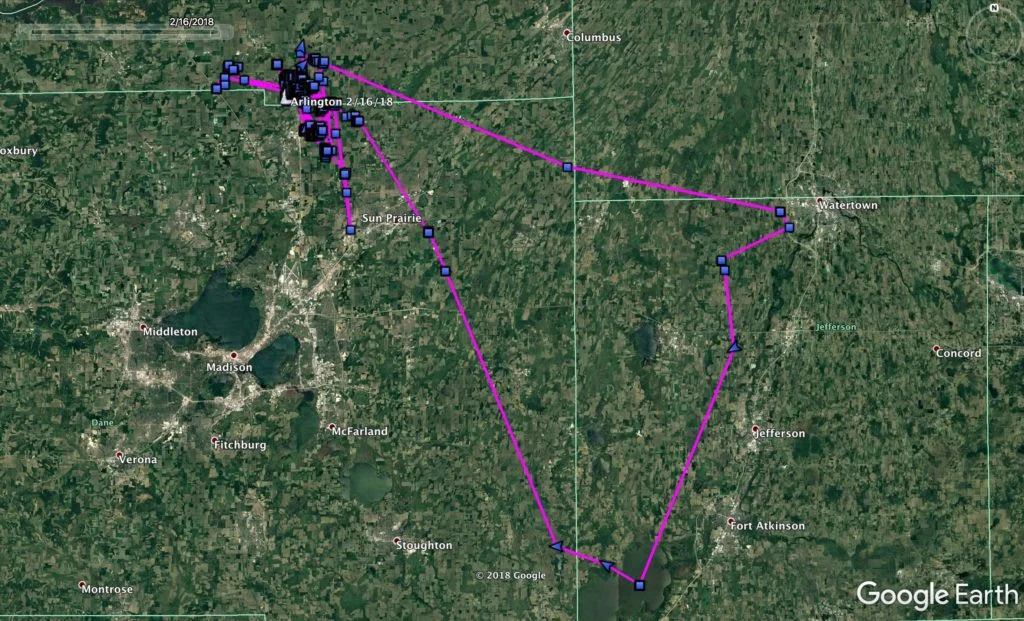A map of Arlington’s extensive travels while in Wisconsin. Image provided by Project SNOWstorm.
