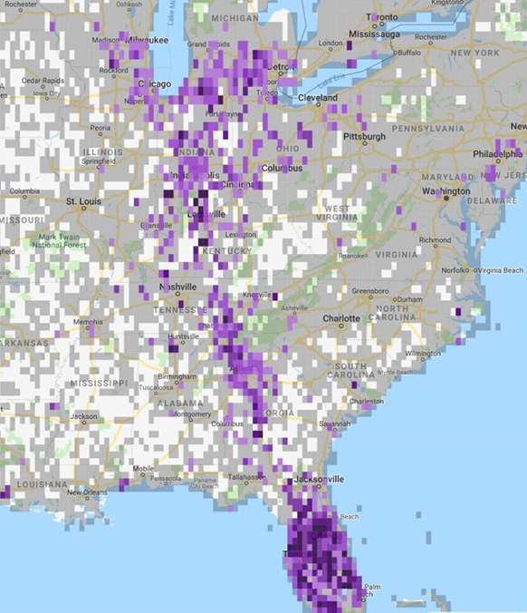 February eBird data for sandhill cranes, showing wintering grounds and migration corridor, from Wisconsin Bird Conservation Initiative on Facebook