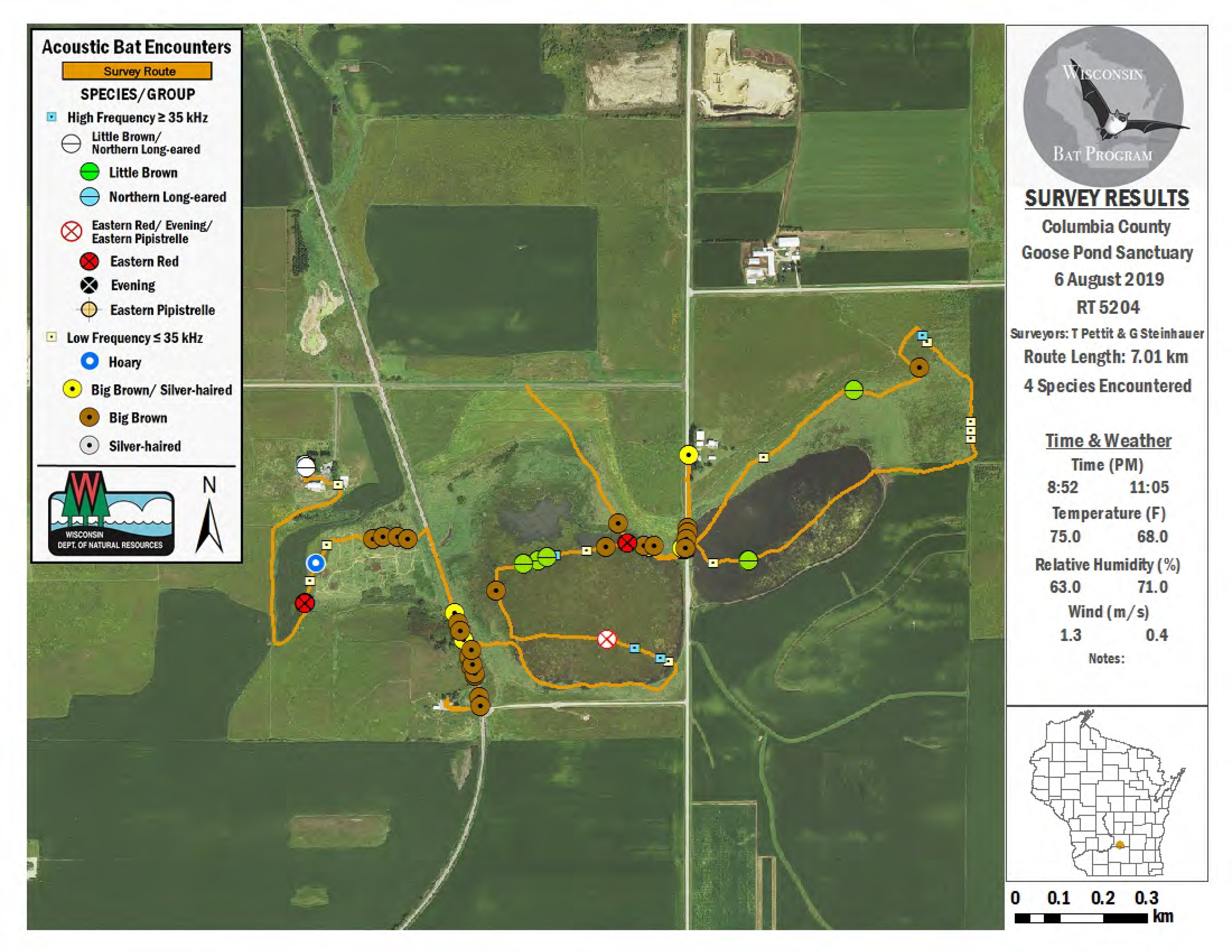   Goose Pond acoustic bat monitoring results in 2019, five years after white-nose syndrome arrived in Wisconsin (map courtesy of Paul White/DNR).  