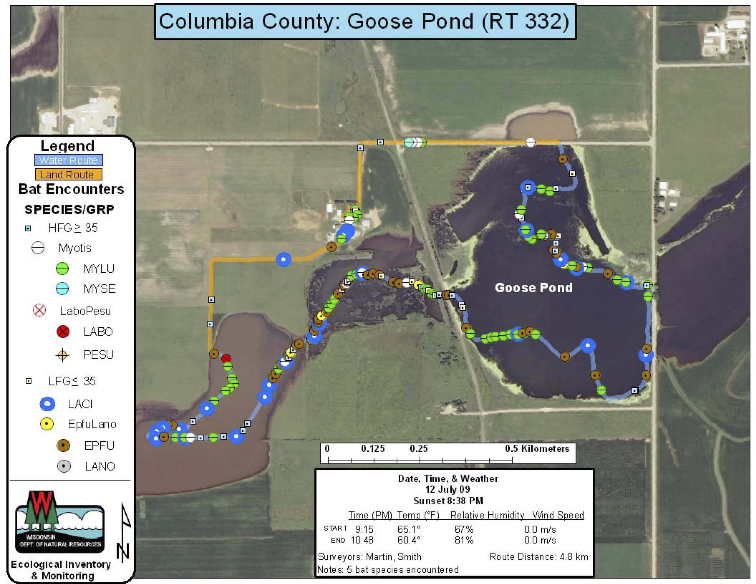   Goose Pond acoustic bat monitoring results in 2009, five years before white-nose syndrome arrived in Wisconsin (map courtesy of Paul White/DNR).  