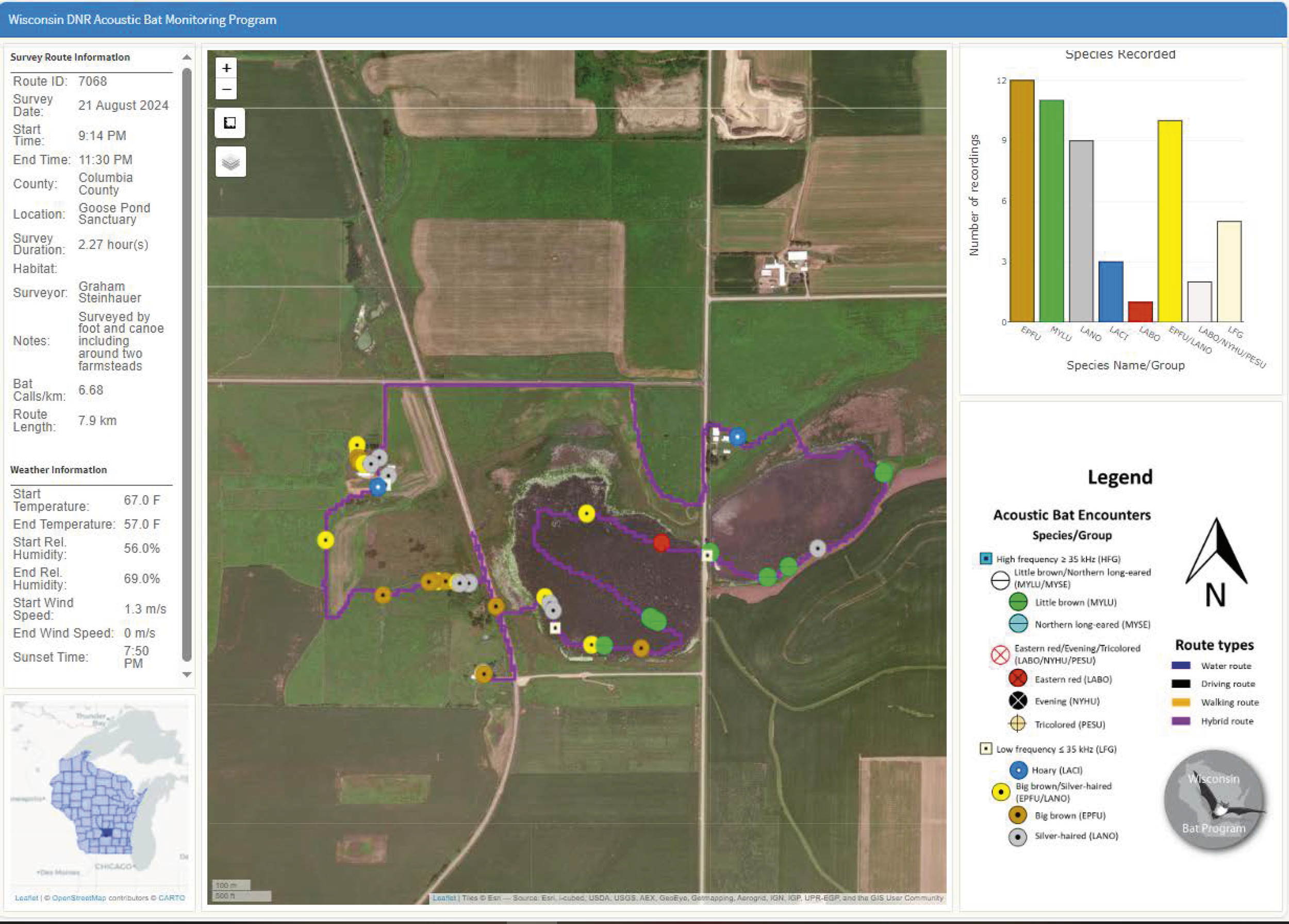   Goose Pond acoustic bat monitoring results in 2024, ten years after white-nose syndrome arrived in Wisconsin (map courtesy of Paul White/DNR).  
