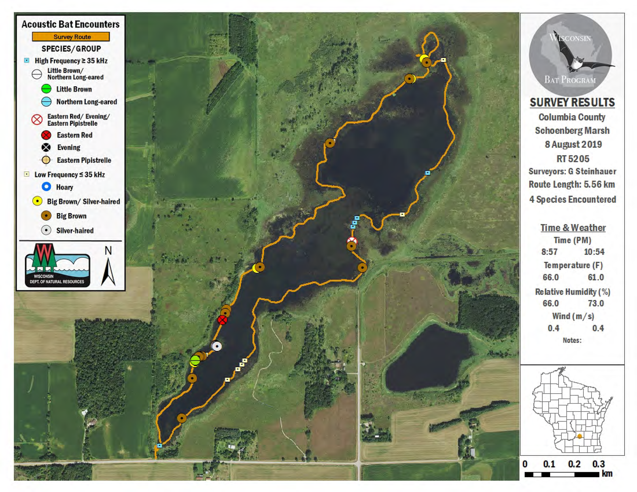   Schoeneberg Marsh acoustic bat monitoring results in 2019, five years after white-nose syndrome arrived in Wisconsin (map courtesy of Paul White/DNR).  