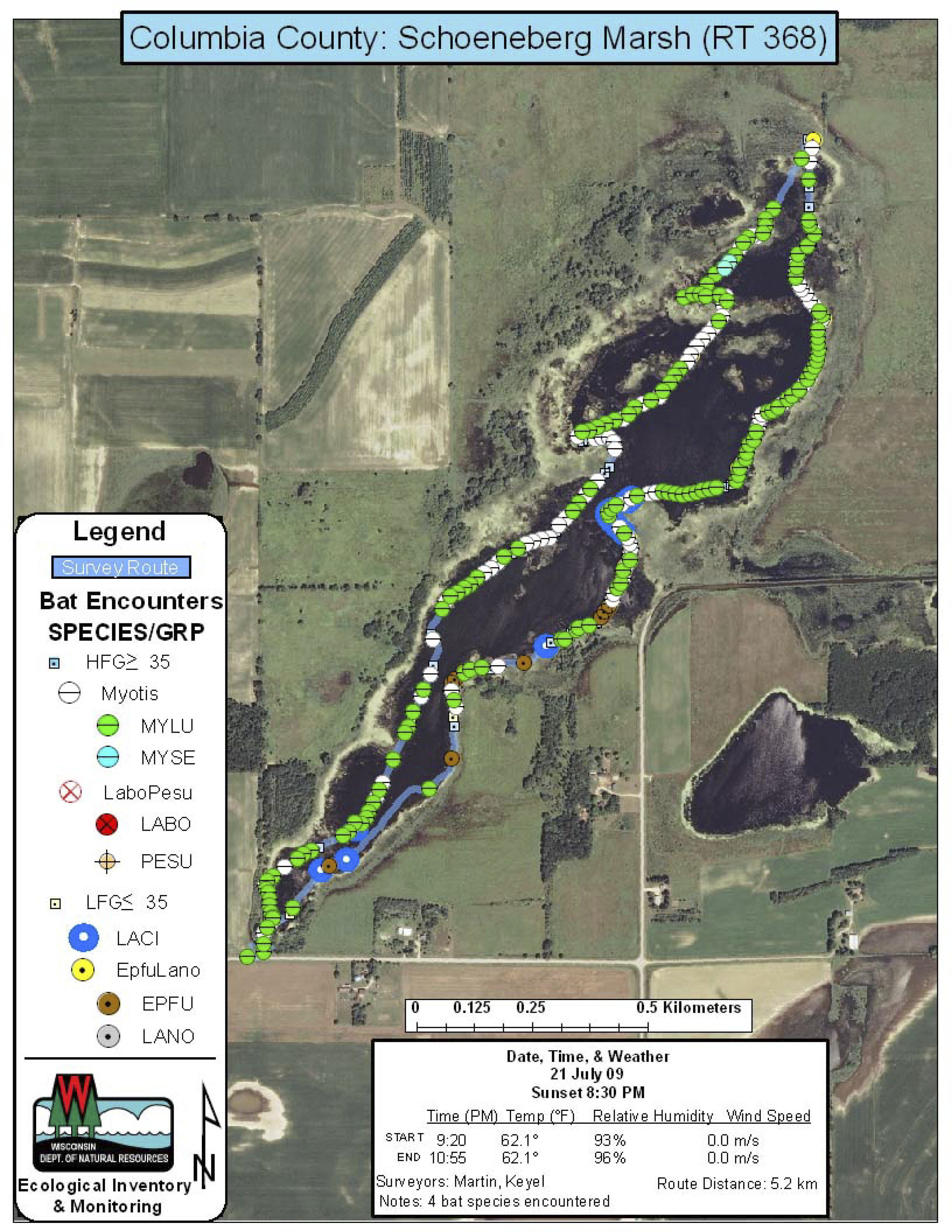  Schoeneberg Marsh acoustic bat monitoring results in 2009, five years before white-nose syndrome arrived in Wisconsin (map courtesy of Paul White/DNR).  