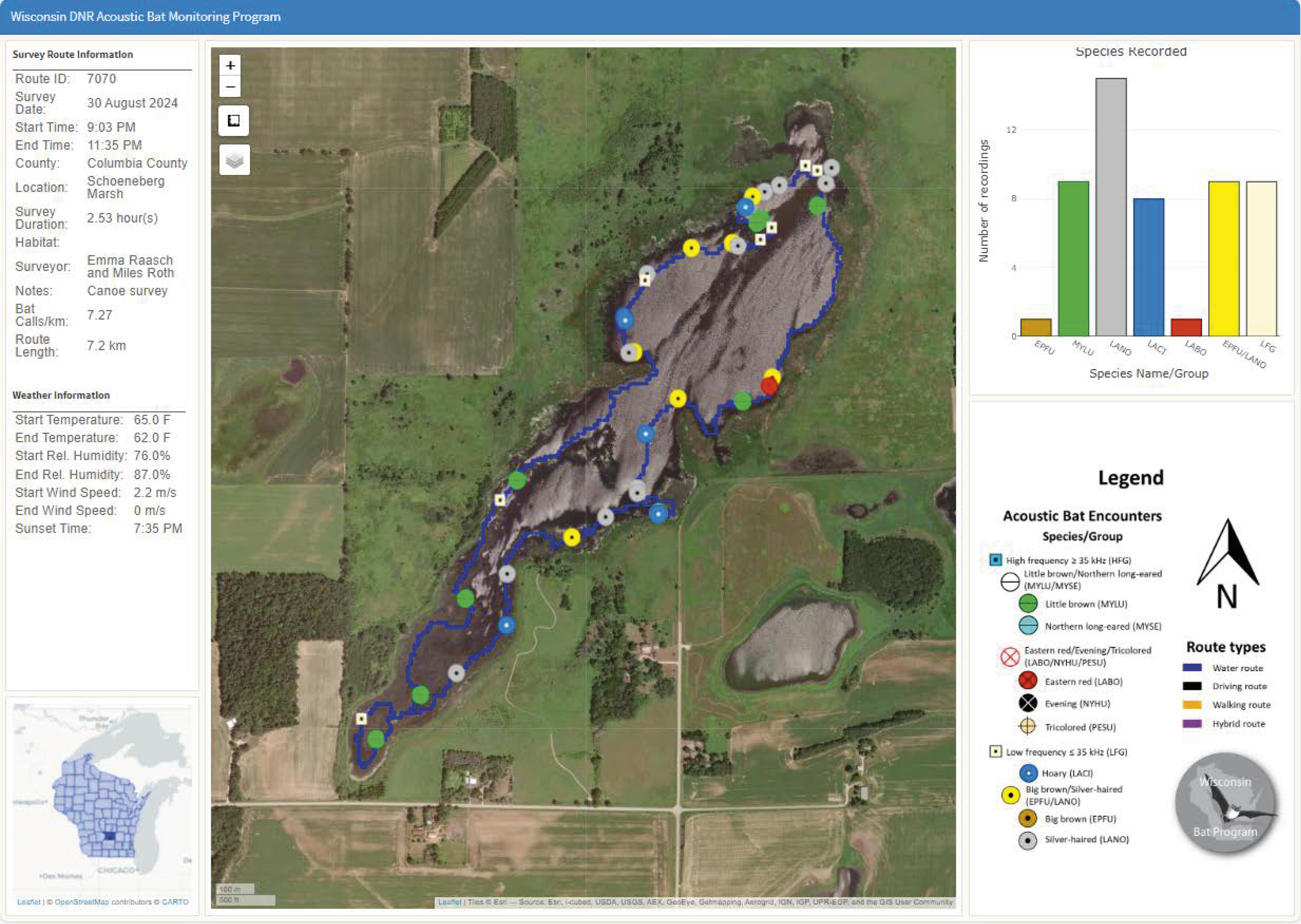   Schoeneberg Marsh acoustic bat monitoring results in 2024, ten years after white-nose syndrome arrived in Wisconsin (map courtesy of Paul White/DNR).  