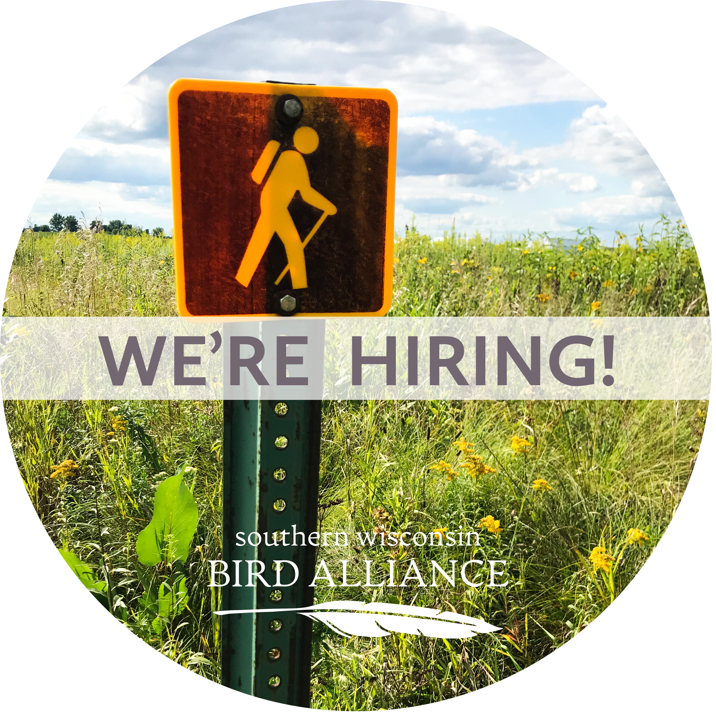 We're Hiring! graphic showing a hiking trail sign