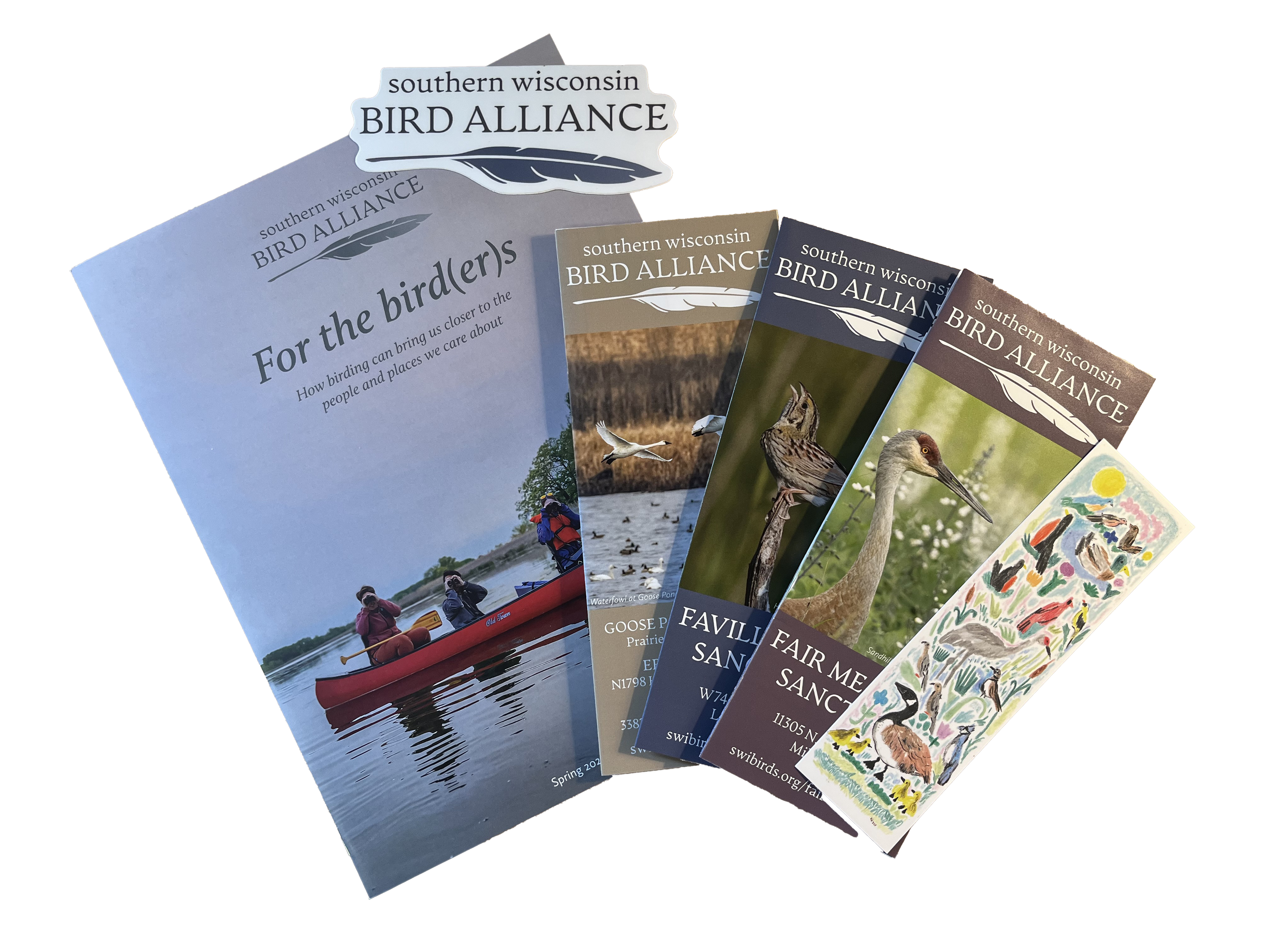 a new member packet showing a recent newsletter, SoWBA logo sticker, three sanctuary map brochures, and an illustrated bookmark