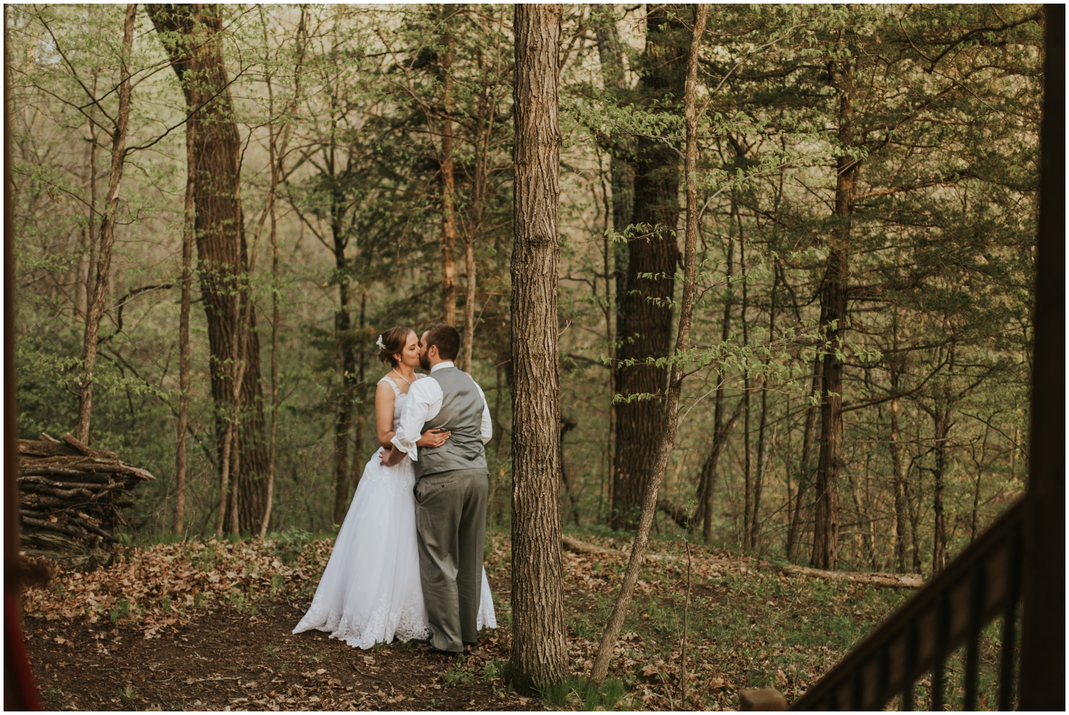 bride and groom in the woods