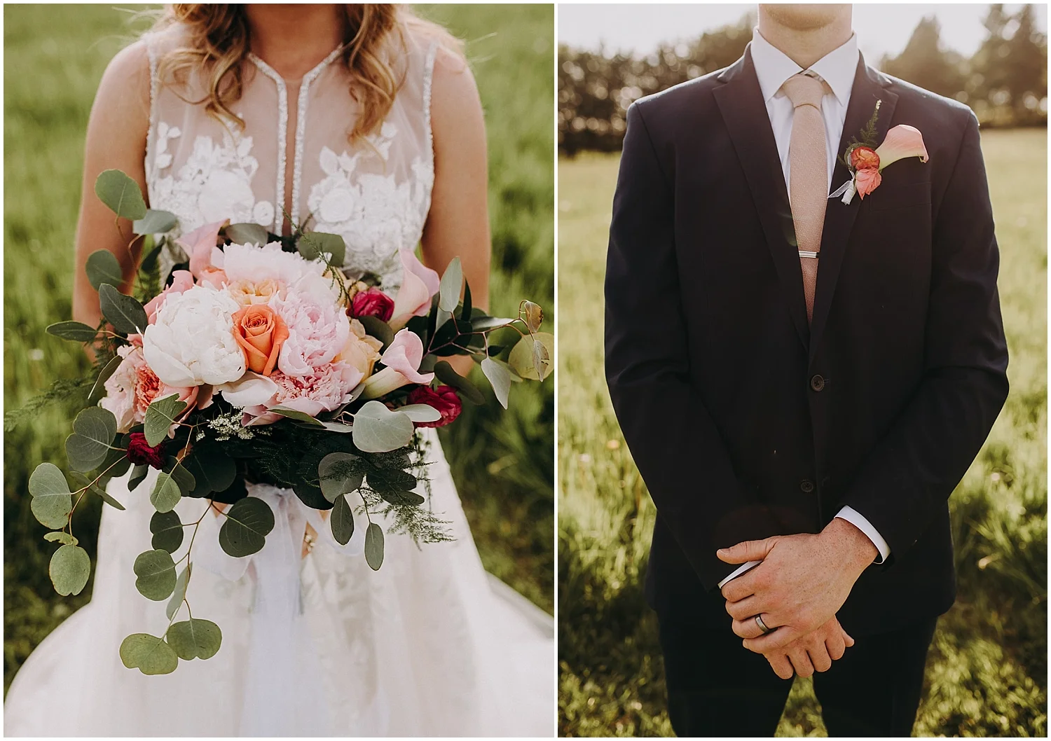 detail shot of the bride’s wedding bouquet and groom’s look and boutonniere