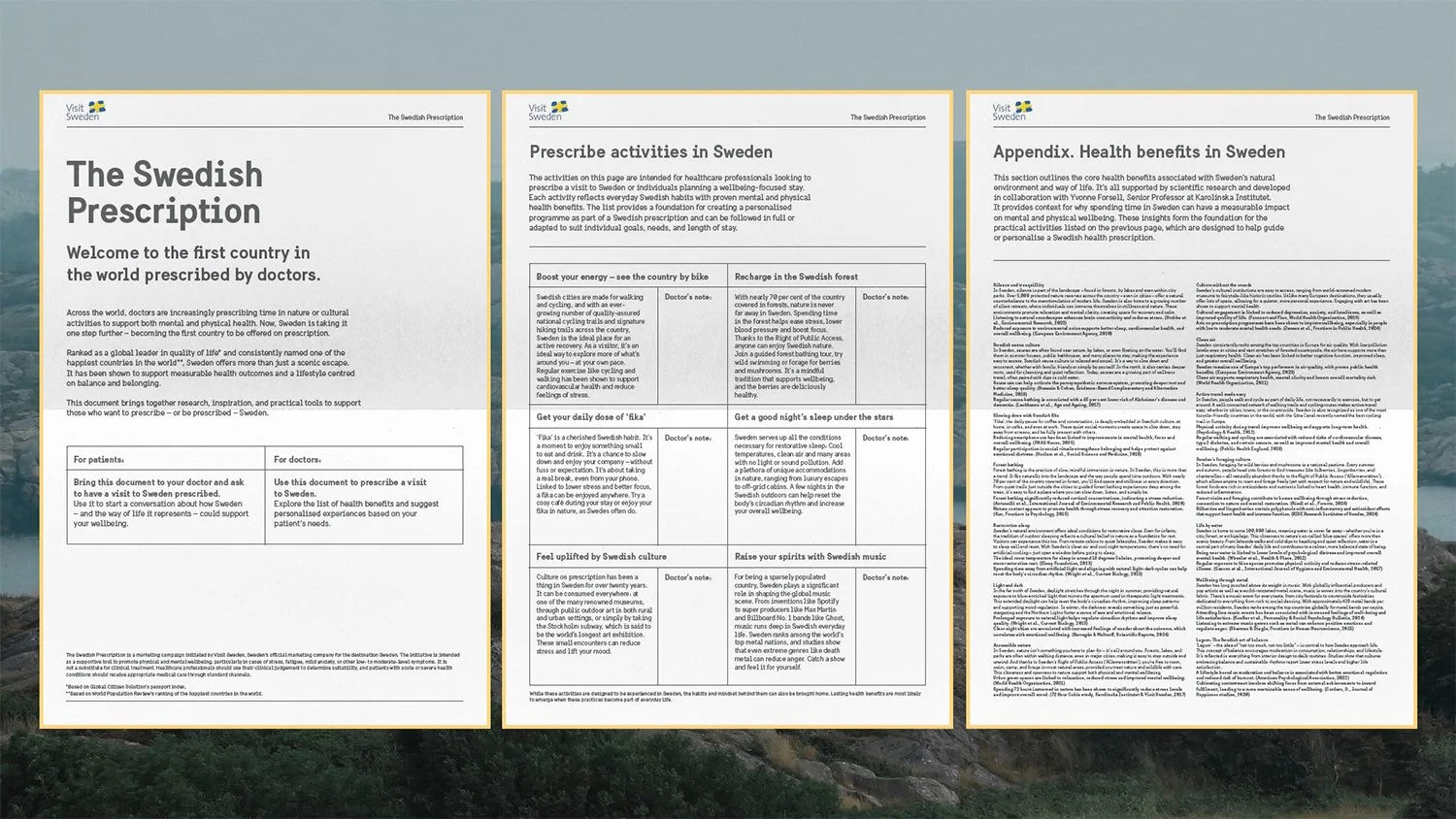  At the core of the idea was a downloadable, science-based prescription developed in collaboration with Yvonne Forsell, senior professor at Karolinska Institutet, and medical doctors across key international markets, based on activities found in the 