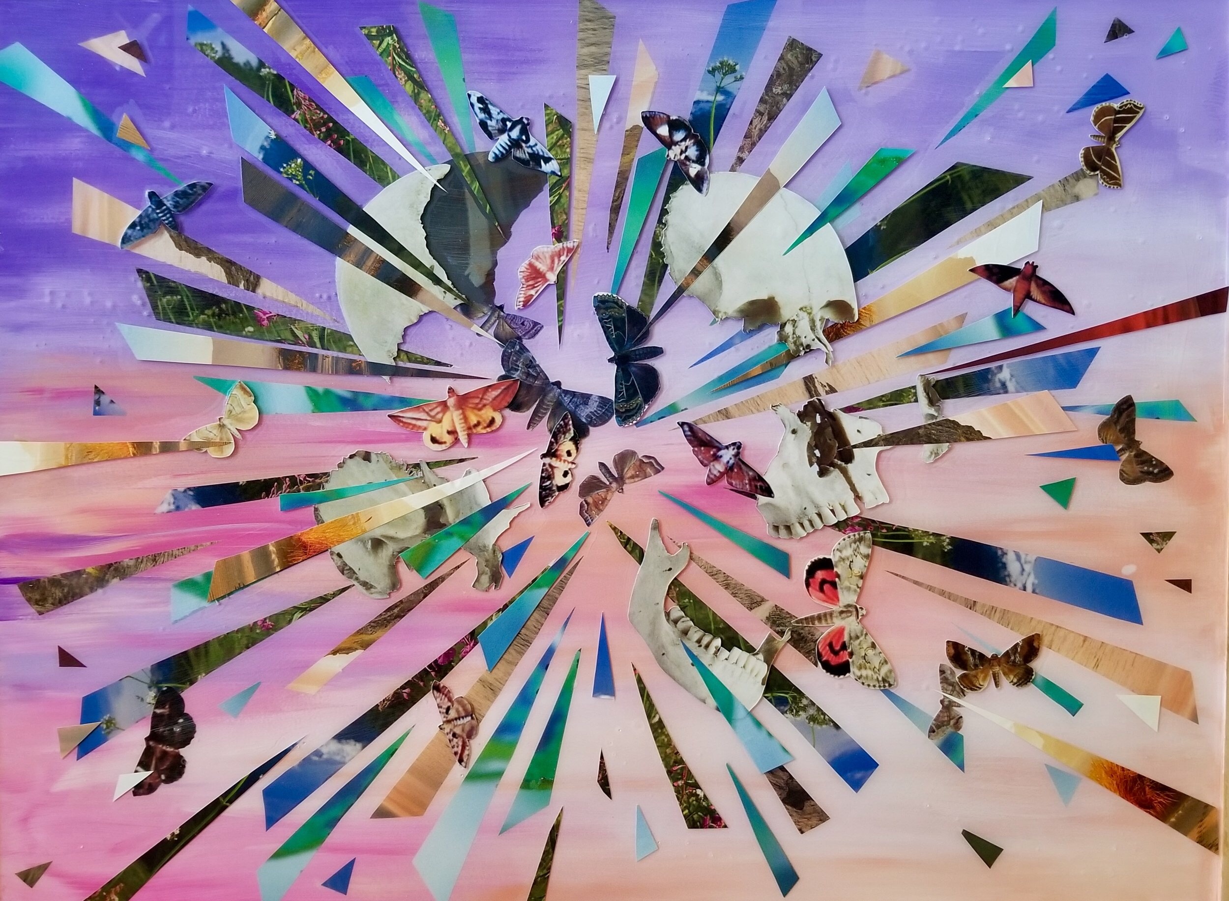 “Bang!: Self Portrait with Mind Blown”, 18” X 24”, collage and resin on birch panel, 2019.