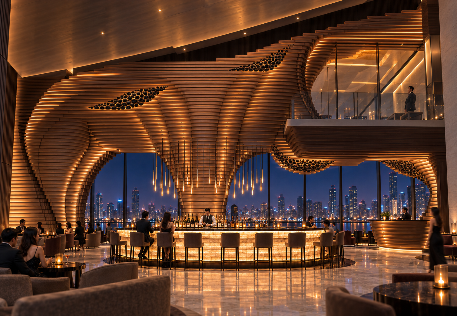 Jinzhou Sky Bar – Reflective Ceiling and Central Bar