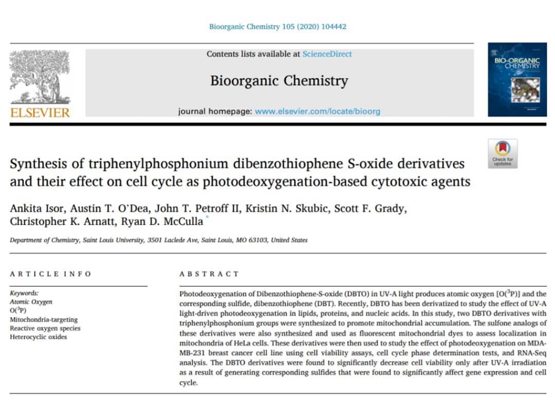 Our new article in Bioorganic Chemistry shows the potential of photodeoxygenation as an anticancer therapy.  https://www.sciencedirect.com/science/article/abs/pii/S0045206820317405 #cancer #cancersucks #drugdiscovery #SaintLouisUniversity