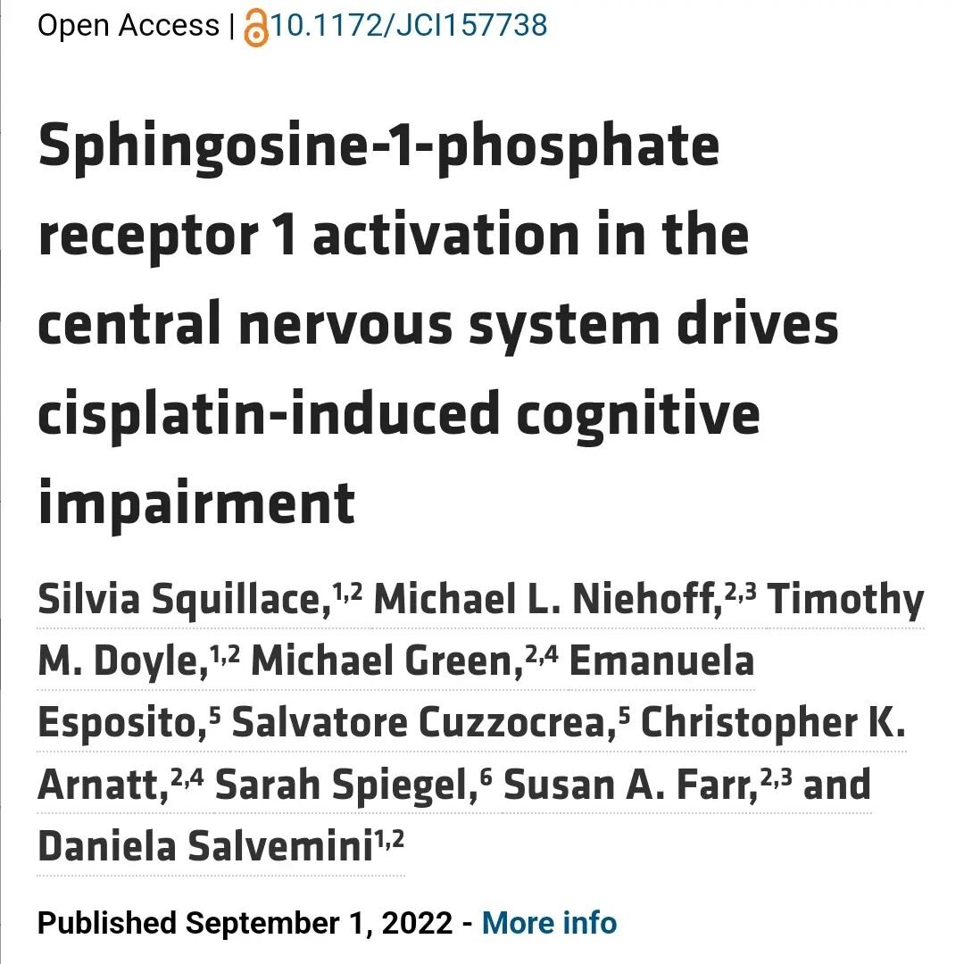 Check out our new article in the Journal of Clinical Investigation. Collaborating with the Salvemini lab, we show how cancer-related cognitive impairment may arise due to cisplatin induced increase of sphingosine-1-phosphate. #cancer #SLU