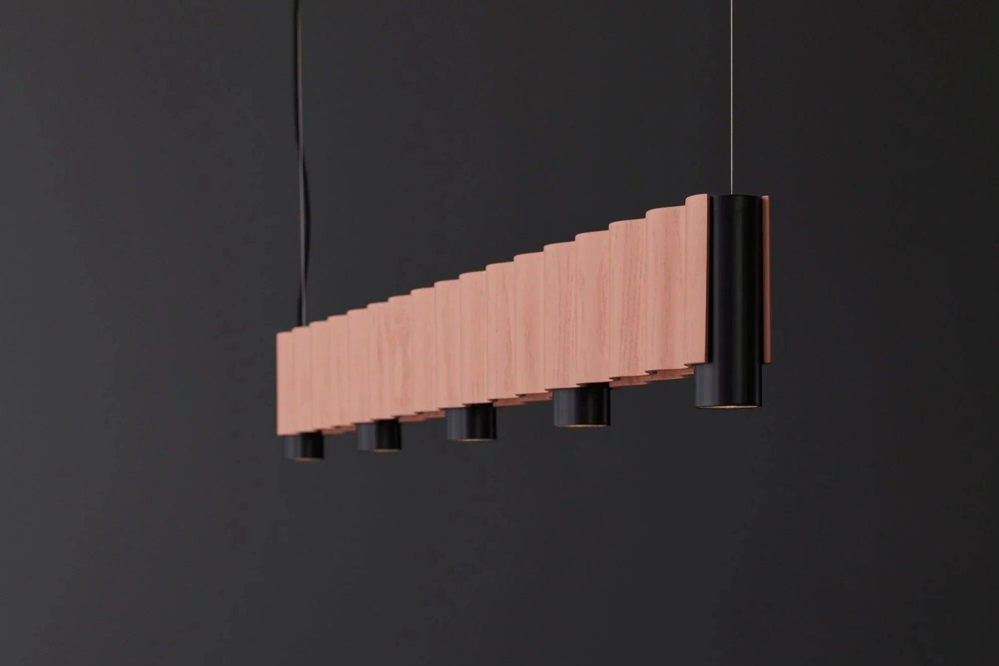 Long linear Corrugation pendant light in pink and black with spotlights