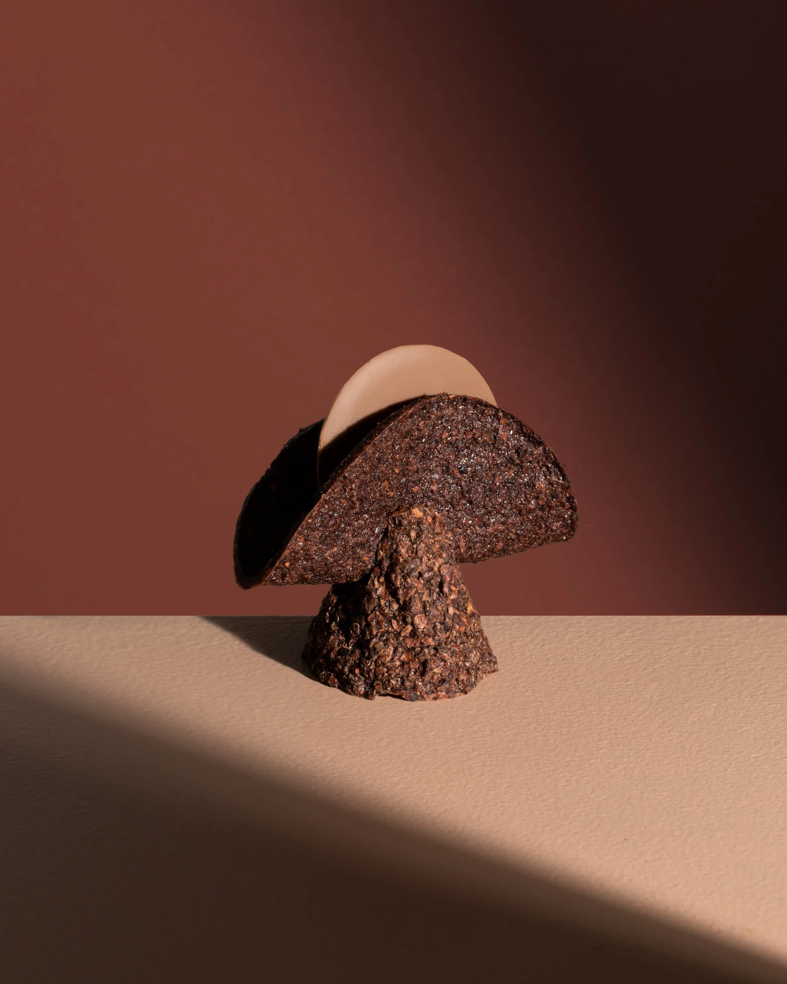 Close-up of sculptural volcano like chocolate piece created for Omnom immersive tasting installation