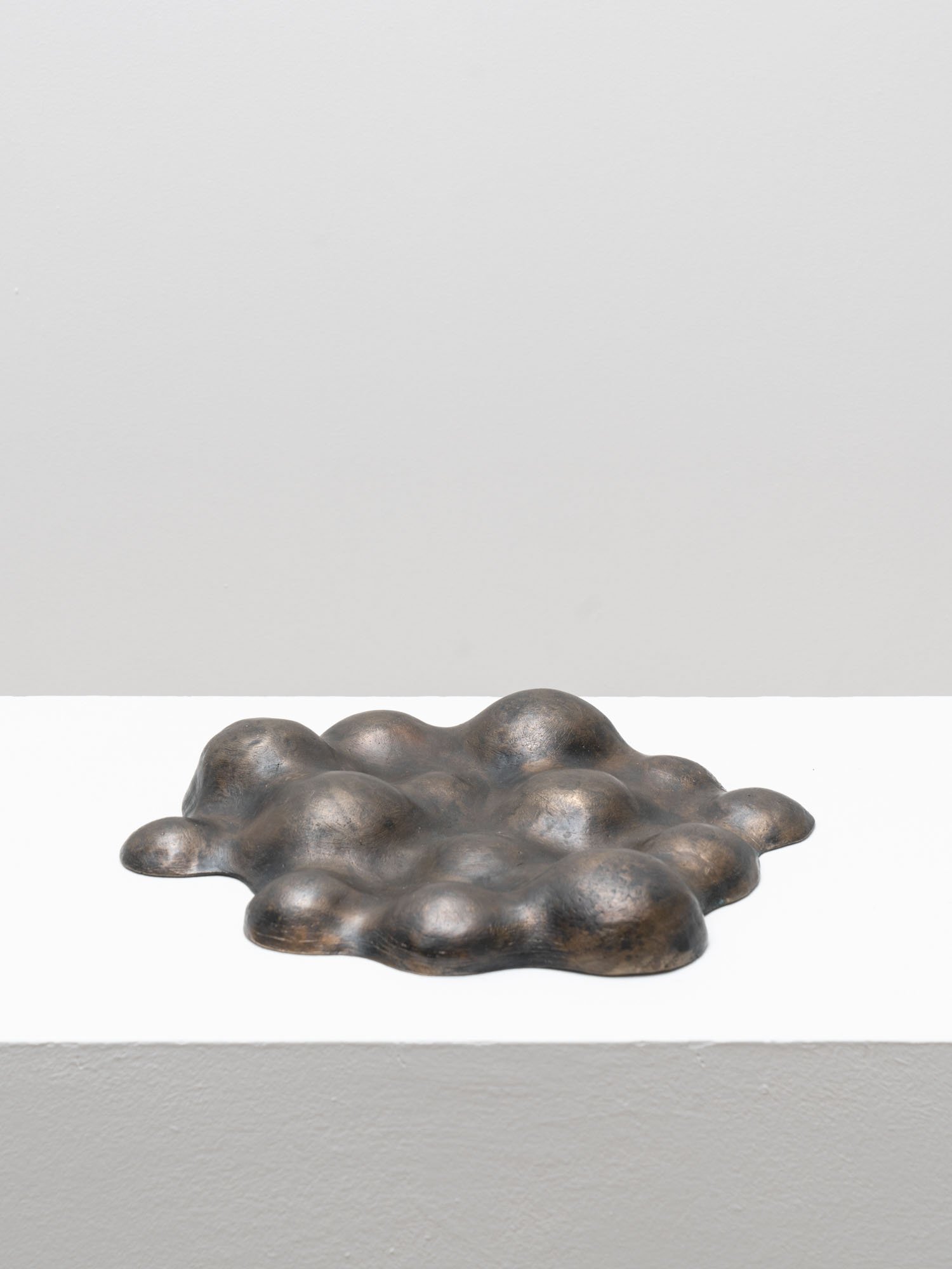Cast bronze fruit bowl with sculptural undulating surface displayed on white plinth