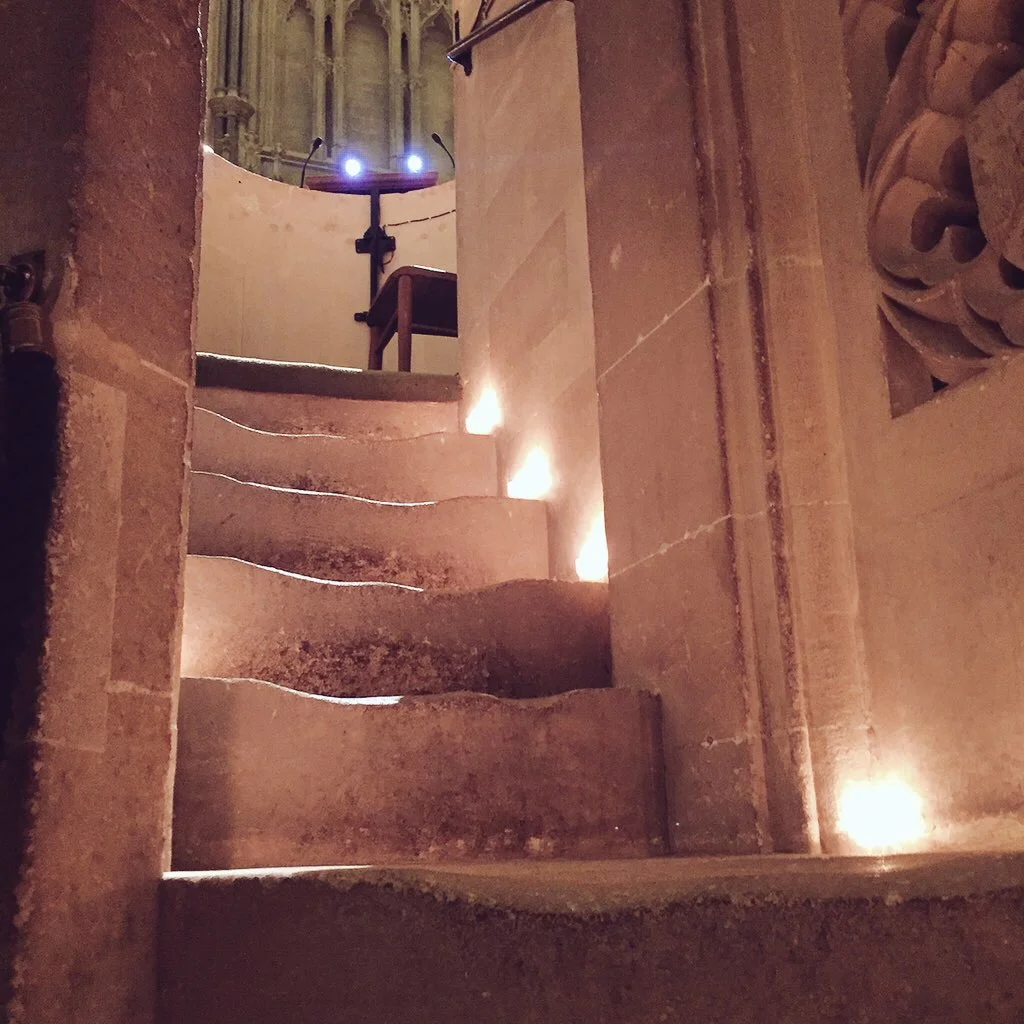 The candlelit steps to the pulpit at Wells Cathedral for last year's Mediaeval Carols