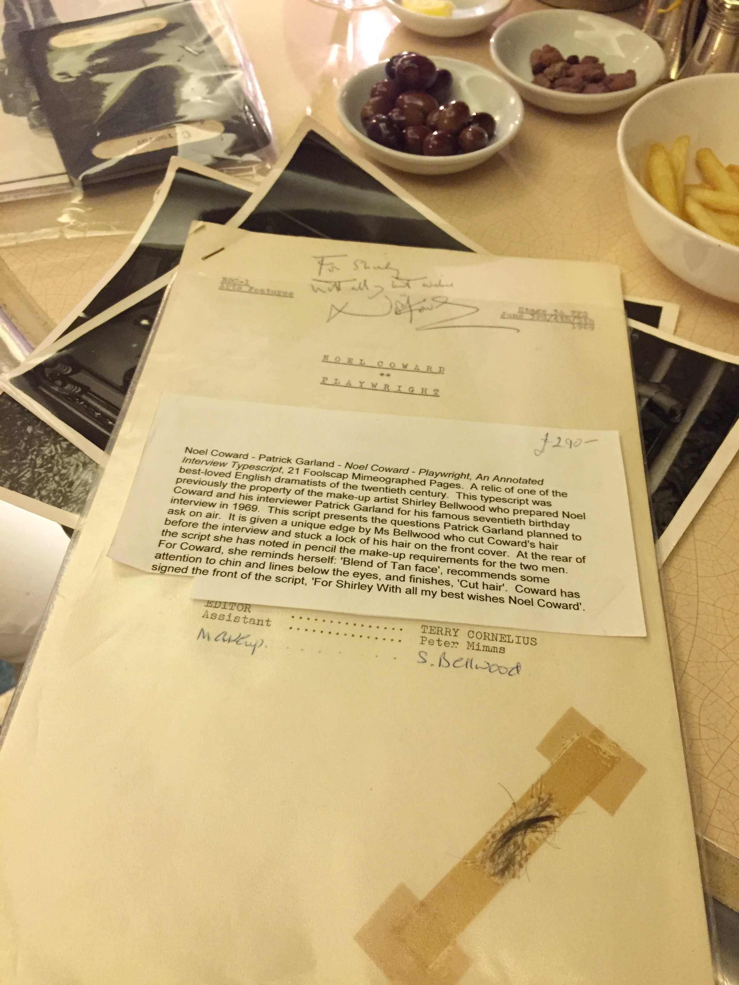 Script for the 1969 BBC interview with Noël Coward, featuring a lock of Coward's hair by permission Timothy Morgan-Owen