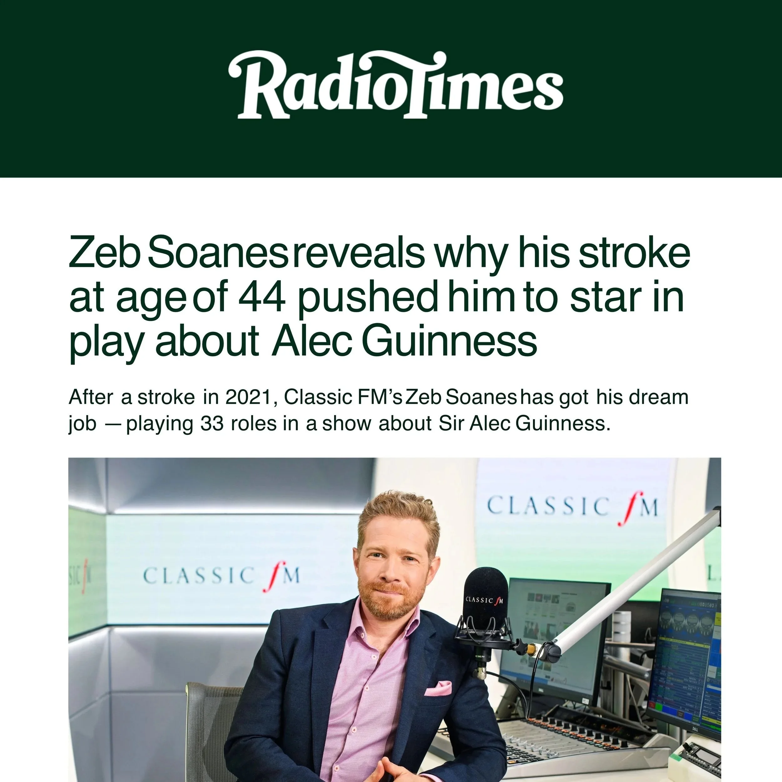 Zeb Soanes reveals why his stroke at age of 44 pushed him to star in play about Alec Guinness