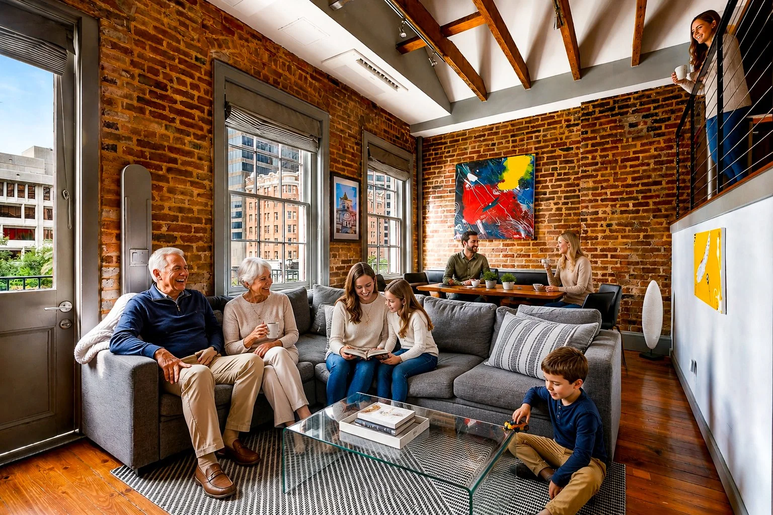 People smiling and talking in a cozy living room with exposed brick walls, large windows, and contemporary art, with a woman on a balcony holding a coffee mug.