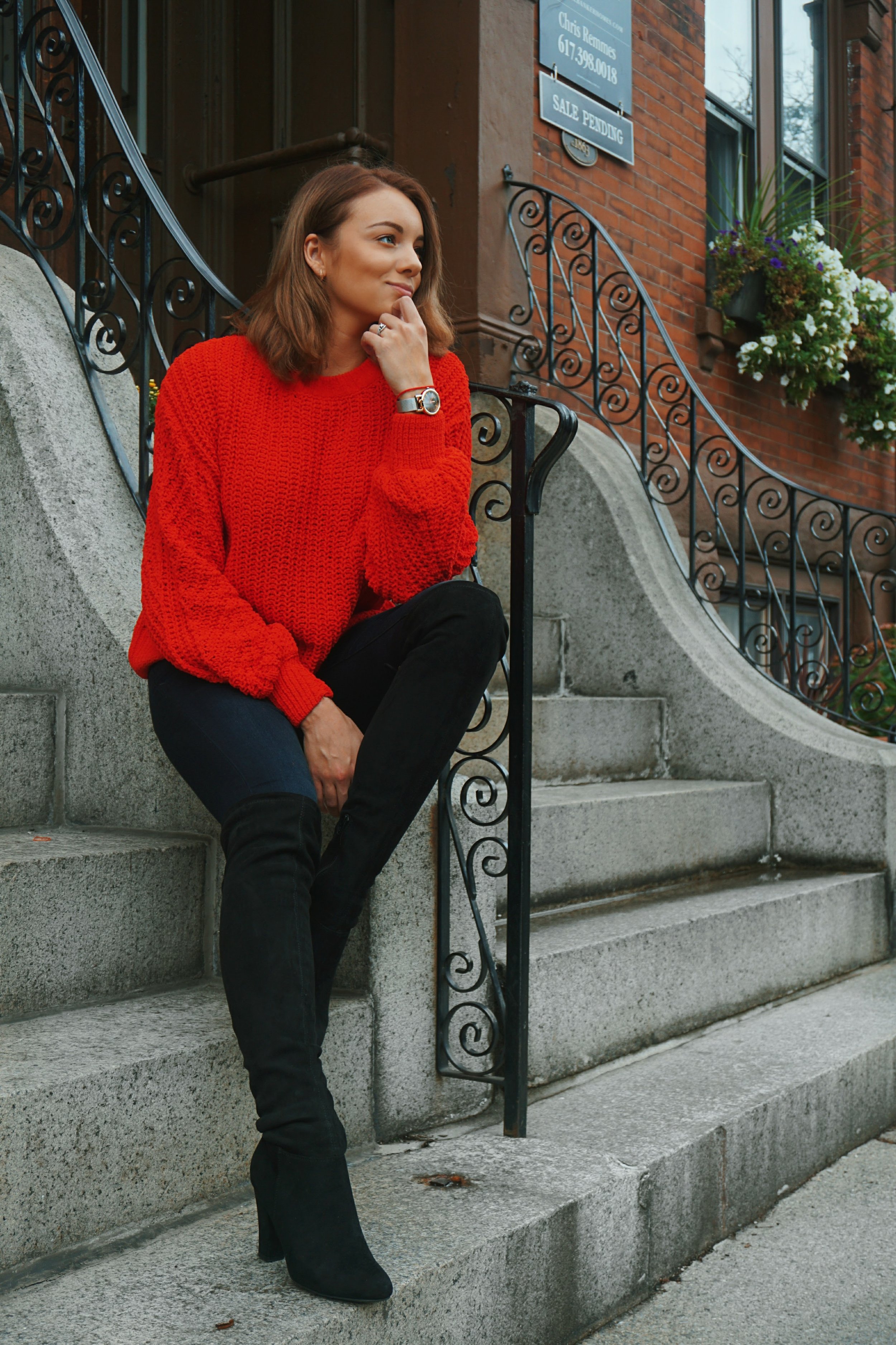 black jeans with black thigh high boots