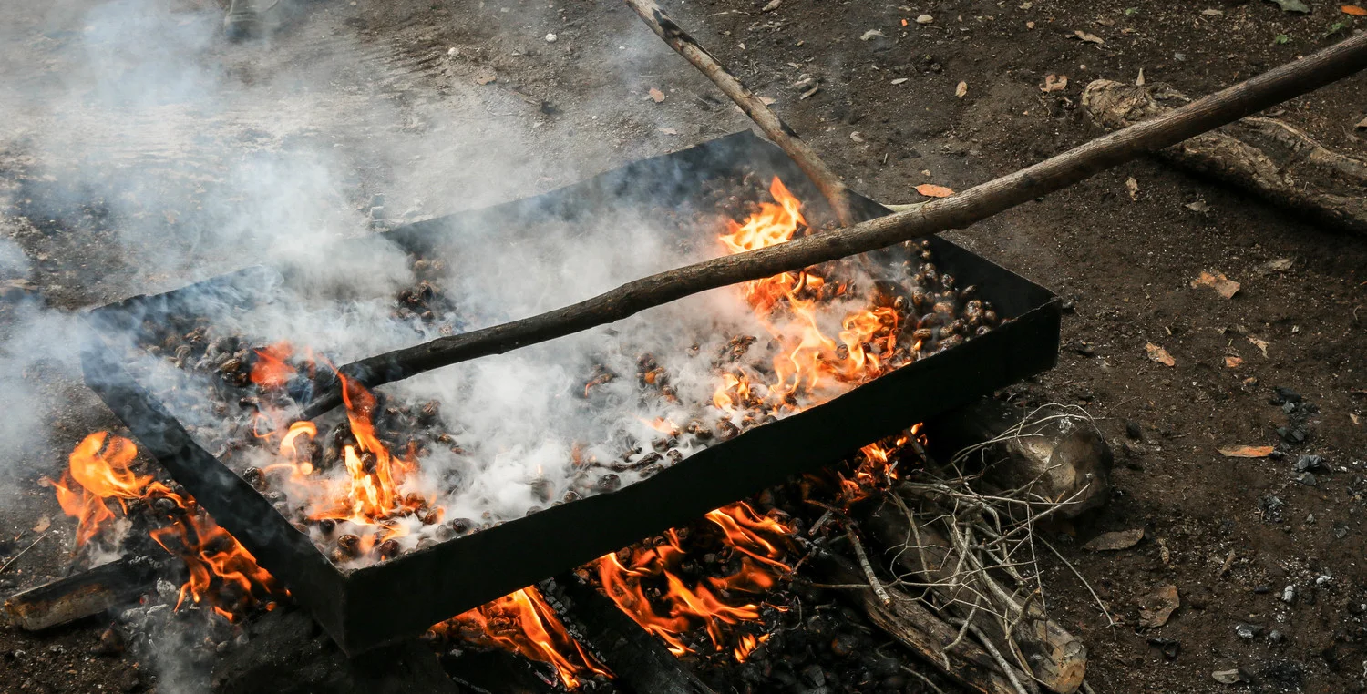The traditional high-heat roasting causes the cashew shells to burst into flames over the fire, leading to a unique smokey flavor in the finished nut -- Mombin Crochu, Haiti