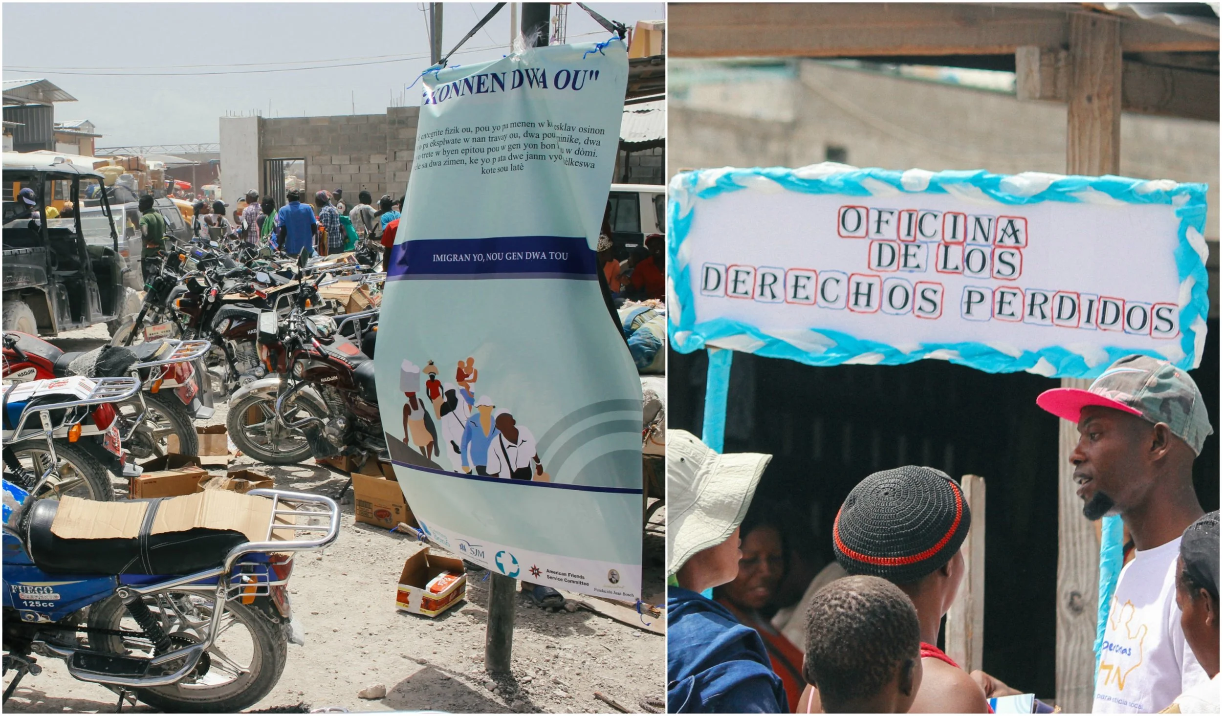 A large banner reads “Know Your Rights” in Haitian Creole. A youth volunteer speaks with passersby about their rights and distributes booklets from a kiosk labelled “Office of Lost Rights.” MCC Photo/Ted Oswald