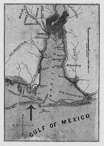 A map of the early settlements on Mobile Bay. The arrow points to Dauphin Island.
