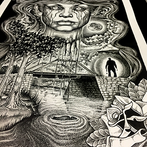 Close up of Illustration entitled "Cry Baby Bridge" 11"x17" Ink on Illustration board by Sean Herman