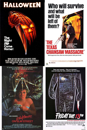 Halloween (1978), The Texas Chainsaw Massacre (1974), A Nightmare on Elm Street (1984), and Friday the 13th (1980) movie posters