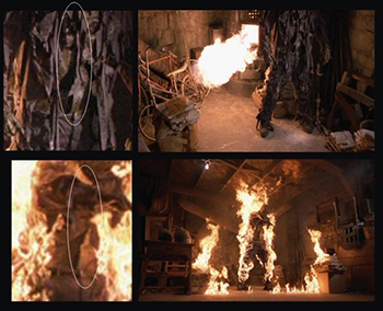 Stills from Friday the 13th, Part VII, which held the record for longest uninterrupted on screen controlled burn in Hollywood history