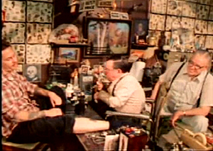 Still from "Stoney Knows How" of Stoney tattooing legendary tattooist Don Ed Hardy (1980)