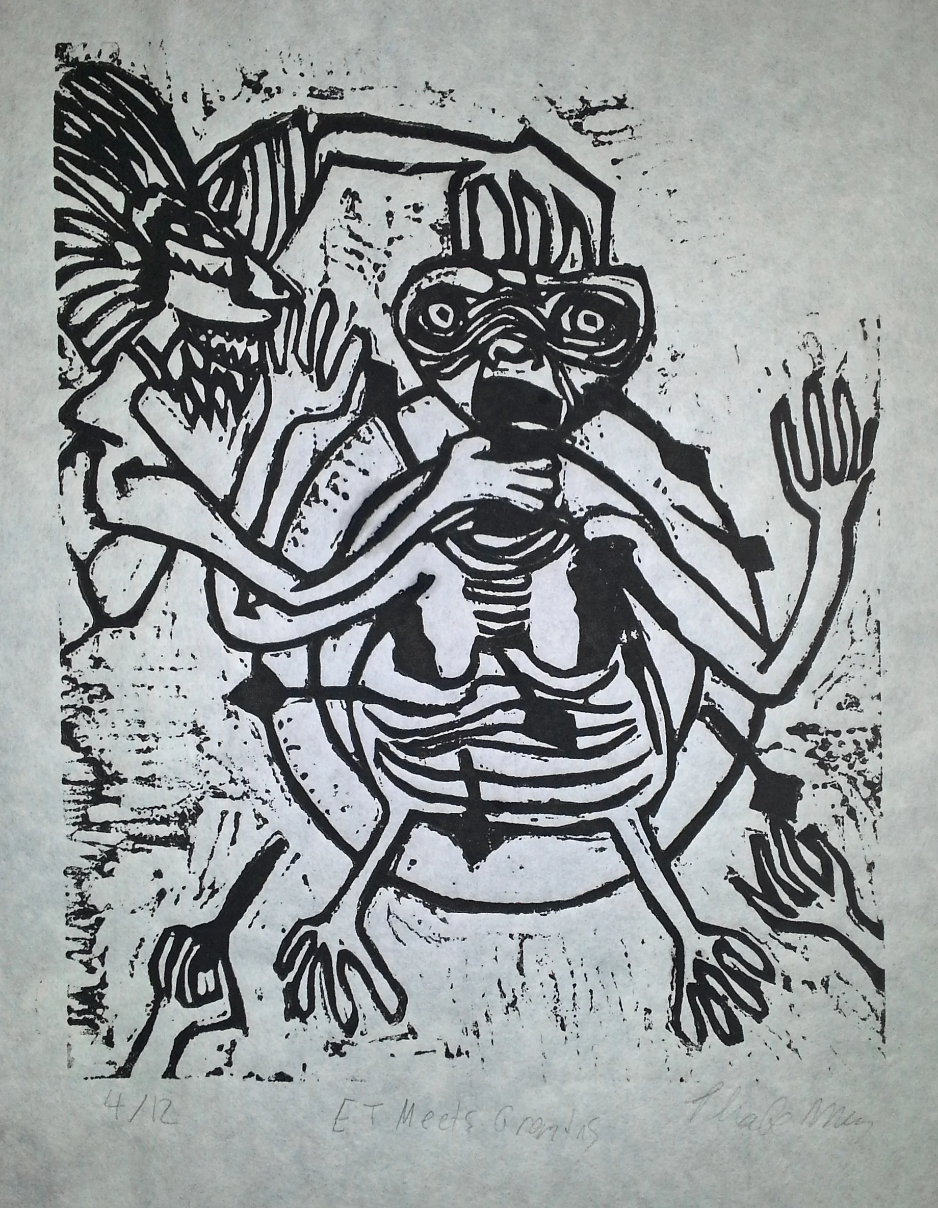 Gremlins VS E.T. - Linolium cut, 14 x 11" 2010