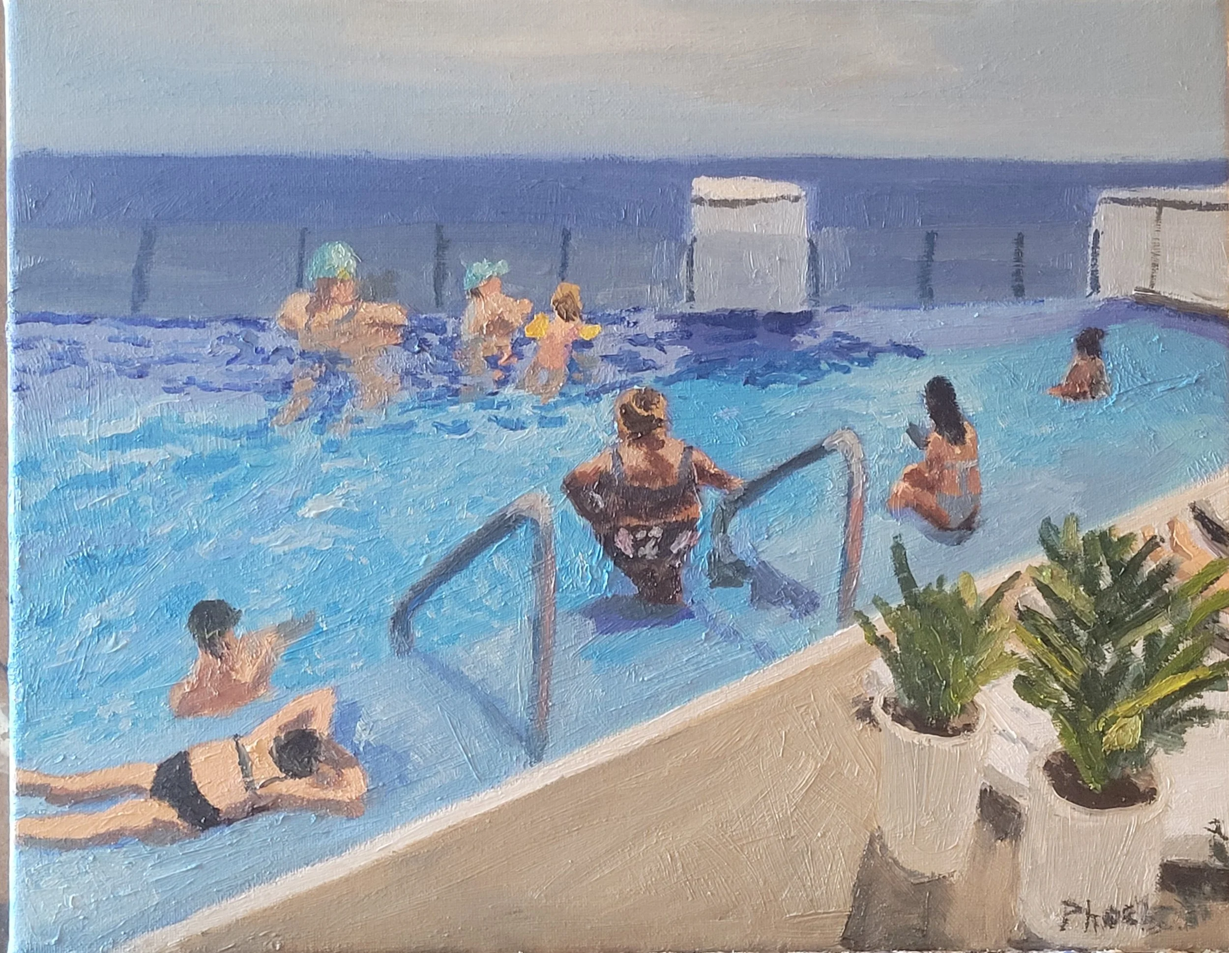 Hotel Badalona Marina Infinite Pool, 11 x 14", Oil on canvas, 2025, $200