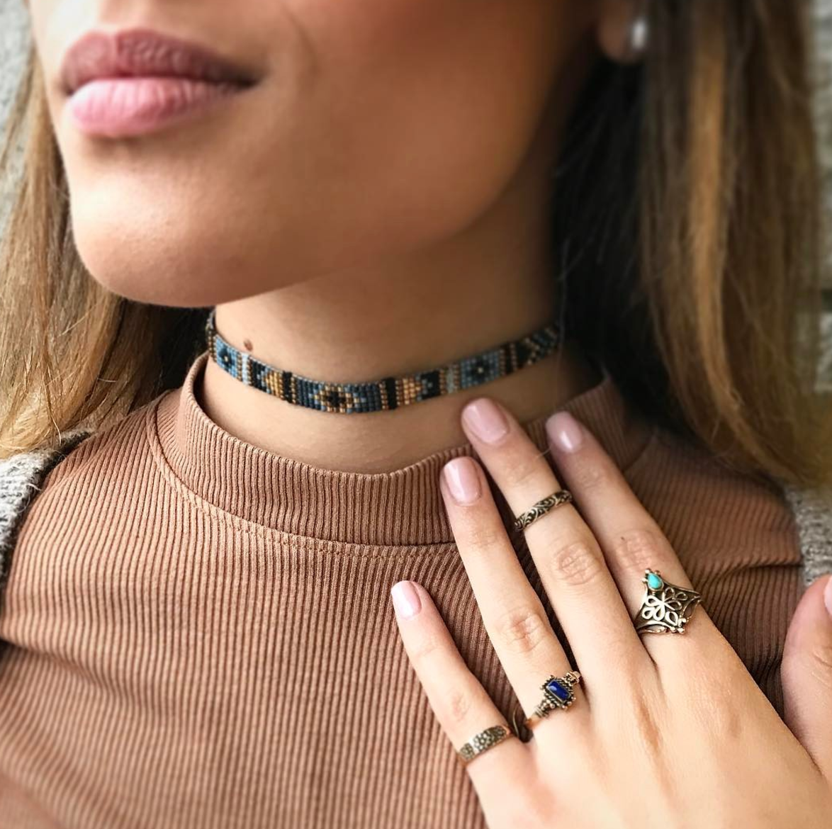 Beaded choker and rings