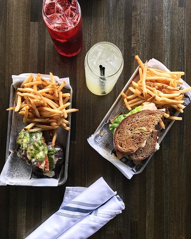 New items are on the menu starting now! On the right we have a Roasted Turkey Club with house brined turkey, smoked bacon, and apple butter mayo. On the left a new Veggie Sandwich made with marinated portabella, almond basil pesto, and roma tomatoes.