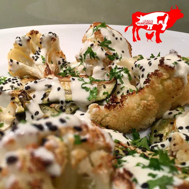 Roast Cauliflower & Zucchini w/ Tahini Yoghurt & Black Sesame Seeds
