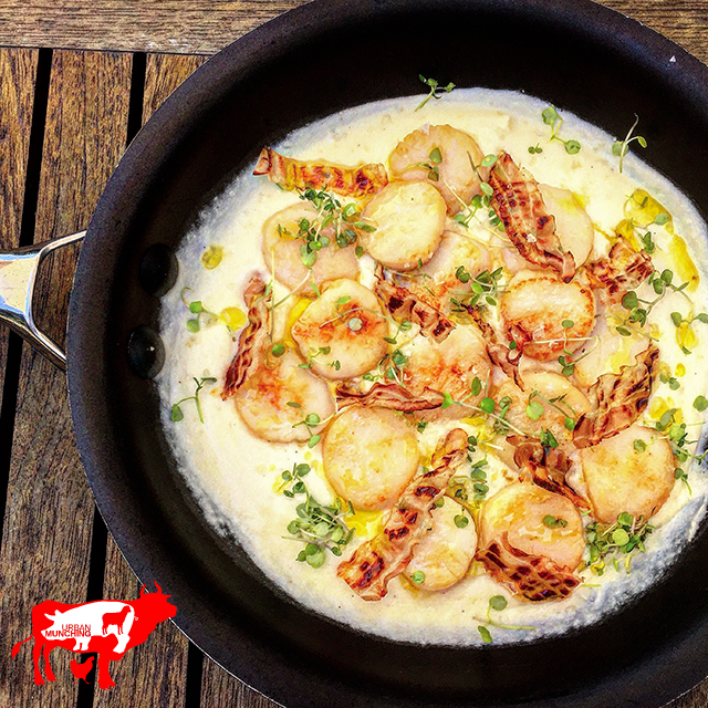 Seared Scallops, Cauliflower Cream & Crispy Pancetta Photo: Tim Elwin 2015