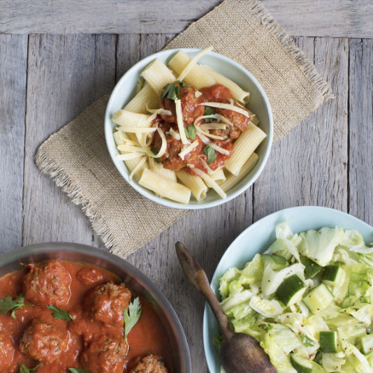 Traditional Italian Meatballs with Rigatoni Pasta and Chopped Green Salad Image Sourced from myfoodbag.com.au