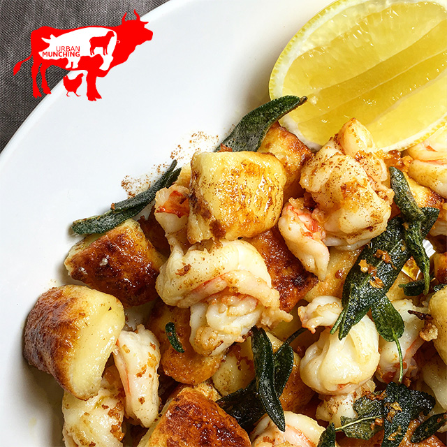 Pan Fried Ricotta Gnocchi, Prawns Sage & Burnt Butter Photo: Tim Elwin