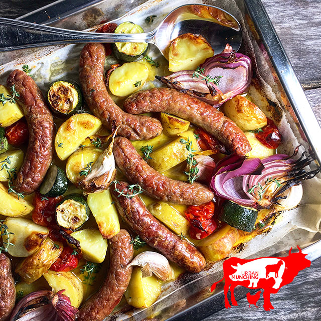 Baked Chipolata & Vegetables Photo: Tim Elwin