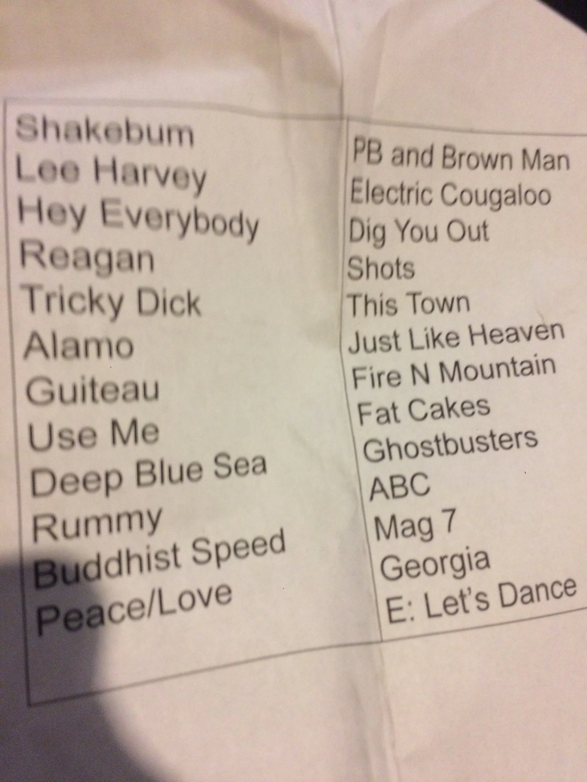 Setlist from Dutch Treat 2.25.17. We skipped Alamo, put Guiteau second-to-last in the first set, and Rick sang Reagan.